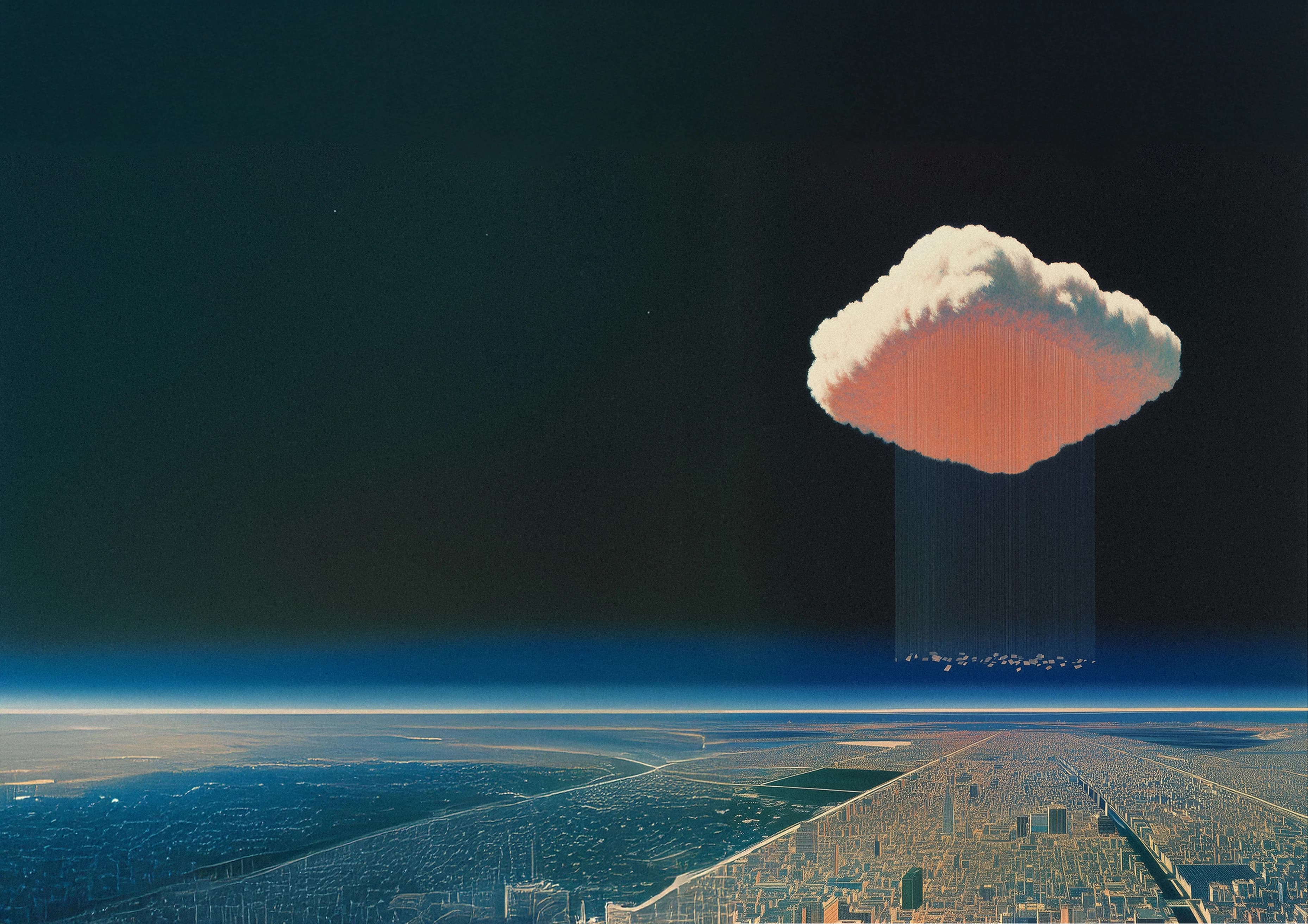 Abstract background over a city, with a cloud representing Quartr's API